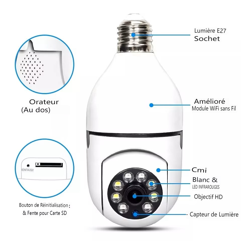 CCTV Caméra Ampoule Wifi sécurité à domicile finie l'insécurité 360 degree Connectable Avec Le Téléphone  Camera